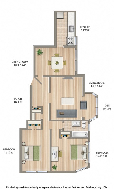 Floor plan for 2 beds, 1 bath, 1250 sqft